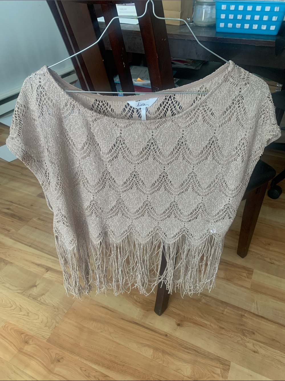 Knit Fringe Openwork Wrap - Beige